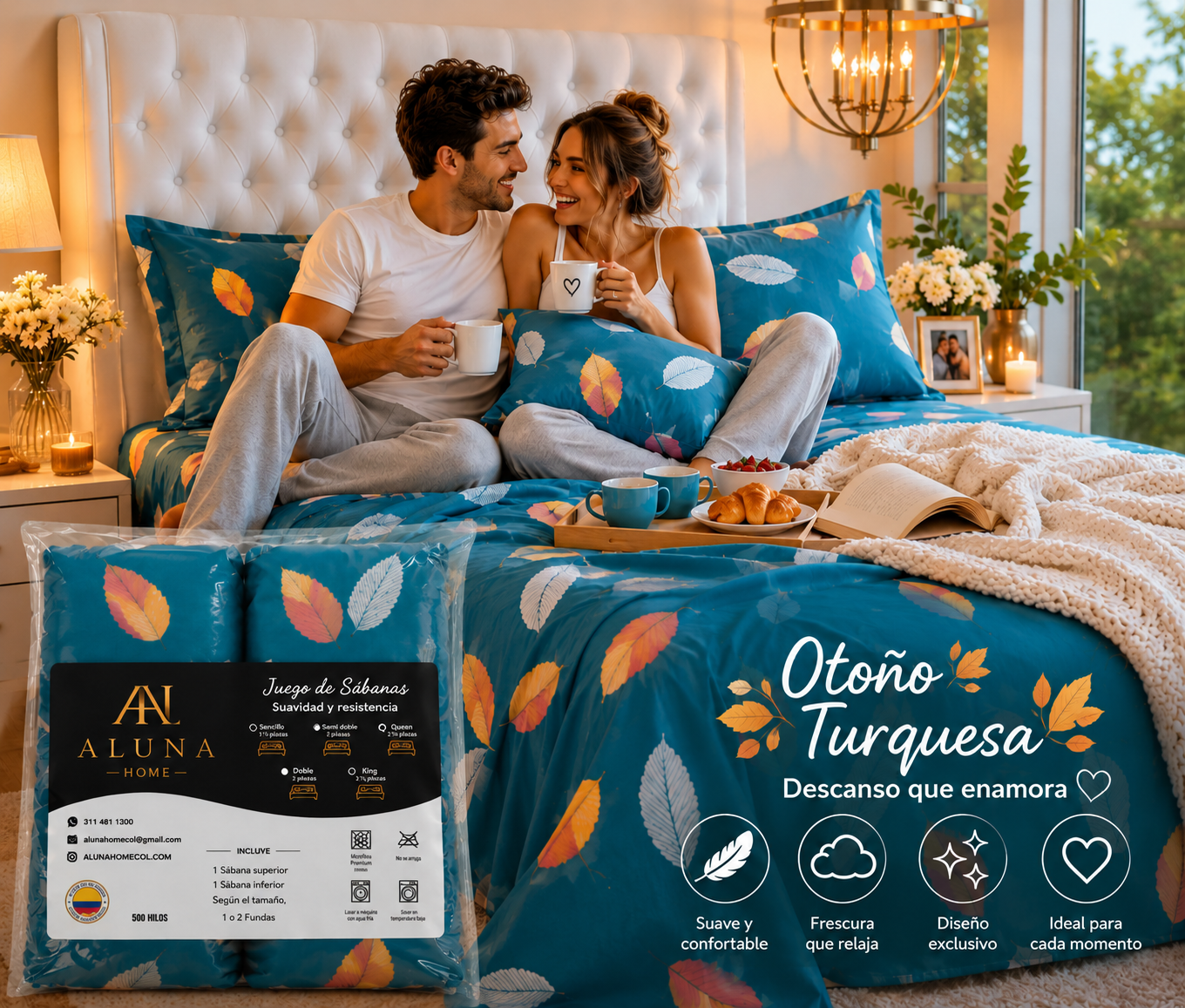 🍁Juego De Sábanas Otoño Turquesa